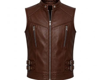 Brown Genuine Leather Motorcycle Vest, Biker Rocker Style, Harley Davidson Inspired