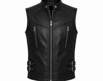 Gilet da motociclista in pelle nera da uomo, gilet da motociclista, gilet streetwear da motociclista punk rock gotico in pelle, regalo fatto a mano per lui