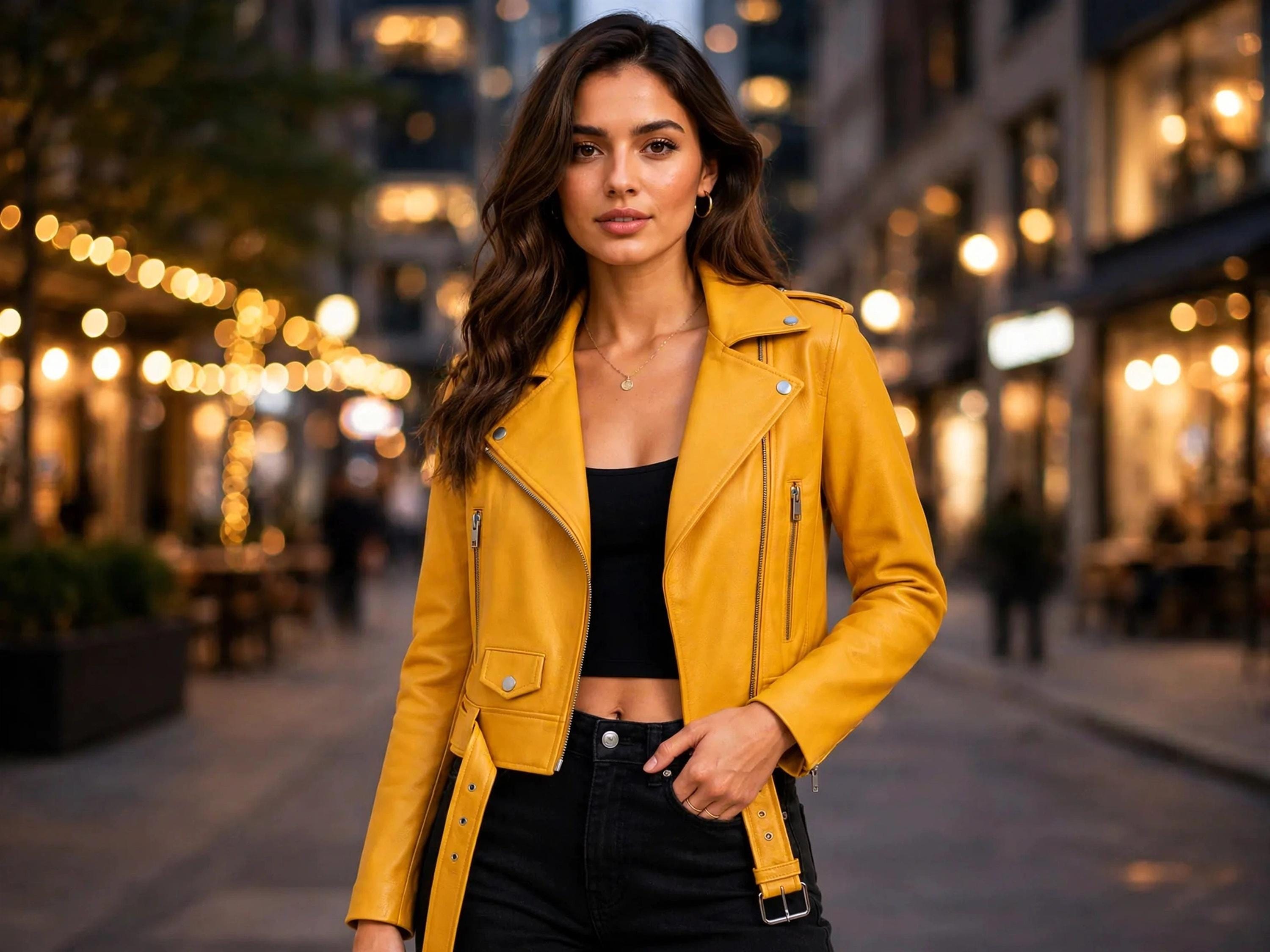 Golden Muse Leather Jacket for Women, Mustard Yellow Moto Biker Coat, Cropped Motorcycle Outerwear, Handmade Premium Streetwear Gift