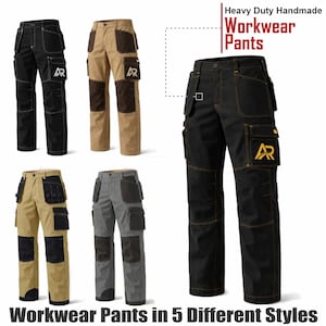 Op de afbeelding: Vijf werkbroeken in verschillende kleuren: zwart, beige en grijs. Elke broek heeft meerdere zakken, versterkte knielappen en het "AR"-logo. De afbeelding bevat de tekst "Heavy Duty Handmade Workwear Pants."