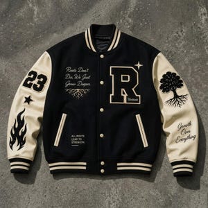 May include: Black varsity jacket with cream-colored sleeves. Features the number 23, a star, and flame graphics on one sleeve. The other sleeve has a tree graphic and the words "Growth Over Everything." The jacket has the letter "R" and the words "Roots Don't Die, We Just Grow Deeper."
