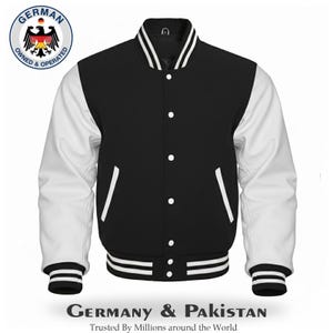 Puede incluir: Chaqueta universitaria negra y blanca con cierre de botones, mangas blancas y puños y dobladillo a rayas. La chaqueta presenta un cuerpo negro y detalles blancos, con cuello y bolsillos. El texto "Germany & Pakistan" está incluido.