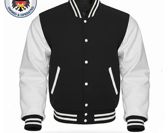 Chaqueta universitaria en blanco y negro con diseño de letras - Cuerpo de lana y mangas de cuero genuino - Bomber de béisbol clásica