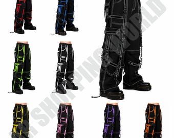 May include: Black cargo pants featuring multiple pockets, adjustable straps, and metal chain attachments. The pants are available in various contrast stitching colors including red, blue, green, white, yellow, pink, purple, and orange.