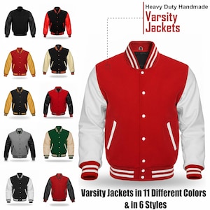 May include: A collection of varsity jackets in various colors, including red, black, and gold, with contrasting sleeves. The jackets feature a button-up front, striped cuffs, and a collar. The image includes the text "Heavy Duty Handmade Varsity Jackets."