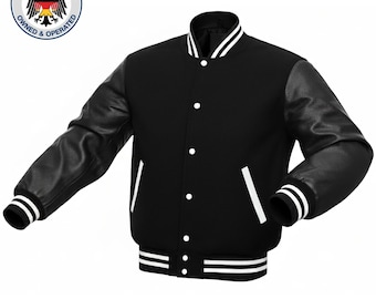 Black and White Varsity Letterman Jacket - Wool Body & Genuine Leather Sleeves - Classic Baseball Bomber