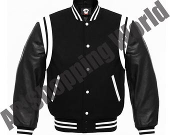 Black and White Varsity Letterman Jacket - Wool Body & Genuine Leather Sleeves - Classic Baseball Bomber