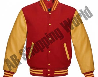 Chaqueta universitaria roja y amarilla con diseño de letras - Cuerpo de lana y mangas de cuero genuino - Bomber de béisbol clásica