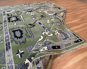 Hand-Knotted Sage Green Wool Rug 8X10  – Modern Oushak Style QUICK SHIP