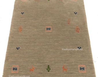 Handwoven Beige Wool Gabbeh Rug 6x8 : Minimalist Tribal Design