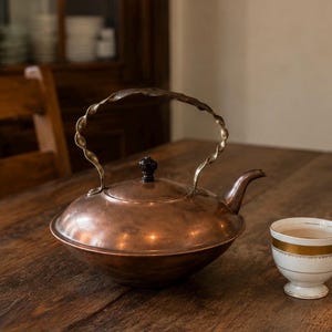May include: A copper teapot with a wide, rounded body, a curved spout, and a twisted metal handle. A small black knob sits atop the lid. Beside the teapot is a white ceramic teacup featuring a gold band around the rim and a gold line detail.