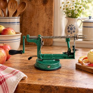 May include: A manual apple peeler and corer featuring a textured green metal frame, a black handle, and a horizontal metal rod with a three-pronged fork at the end. The device includes a suction base for stability and a hand-crank mechanism.