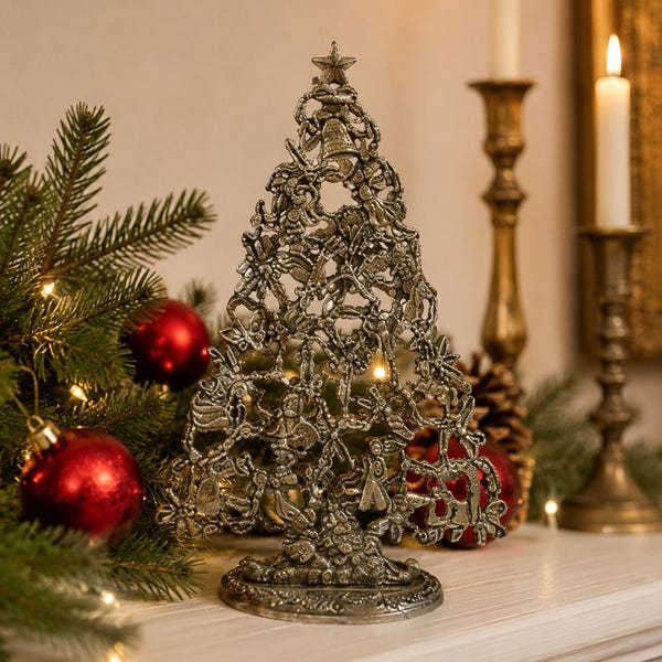Vintage Silver Plated Christmas Tree Decorative Metal Holiday Display