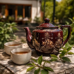 May include: A dark brown glazed ceramic teapot with a lid and handle, featuring gold and white floral patterns. Two small, off-white speckled ceramic tea cups filled with amber liquid are positioned in front of the teapot on a textured cloth.