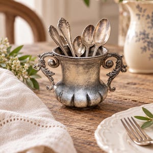 May include: A silver-toned metal vessel with a weathered finish, featuring two ornate, scrolled handles on the sides and a fluted base. The vessel is filled with several small, tarnished silver spoons of varying sizes, displaying a metallic sheen.