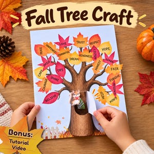 Puede incluir: Una hoja de actividades Fall Tree Craft que muestra un tronco de árbol marrón con un recorte de ardilla y hojas de papel coloridas impresas con palabras como Love, Trust, Respect, Hope y Kindness, con una valla blanca en la base del diseño.