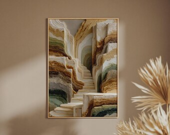 Abstract Premium Staircase Art Print, Textured Style Earth Tones, Sage Green Cream Gold Wall Poster