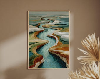 Abstract Premium River Canyon Art Print, Teal Terrace Landscape, Luxury Wall Poster