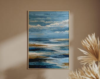 Abstract Premium Seascape Print, Blue Gold Coastal Wall Art, Ocean Wave Poster