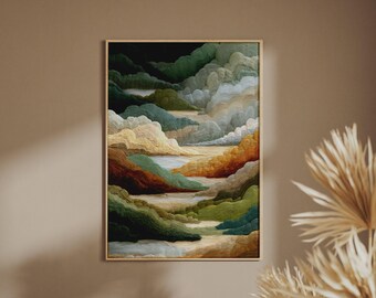 Abstract Premium Cloud Landscape Print, Embroidered Texture Style Art Print, Green Earth Tones Poster