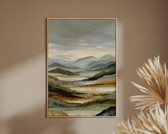 Abstract Premium Mountain Landscape Print, Earthy Tones, Grey Green Wall Art Poster