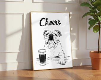 Bulldog Wall Art: Monochrome Dog Raising Pint - Kitchen or Bar