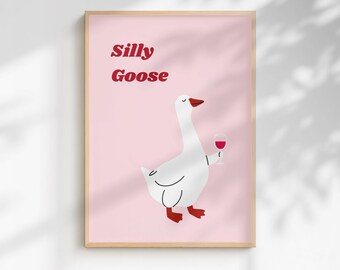 Impression d'art de vin de Silly Goose | Animal original, décoration murale moderne (avec ou sans cadre)