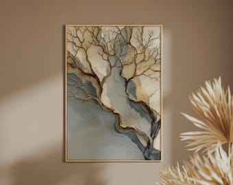 Abstract Premium Tree Art Print, Neutral Marble Branches, Sage Grey Beige Poster