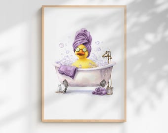 Quirky Yellow Duck Spa Print – Funny Bathroom Wall Art - Lavender Edition (Framed/Unframed)