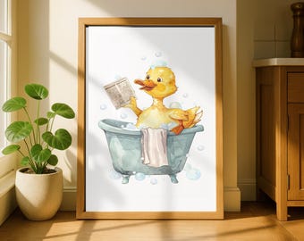 Impression d'art drôle de canard jaune : décoration de salle de bain ludique
