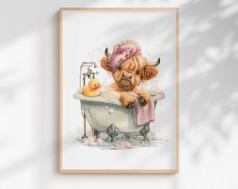 Highland Cow Bath Print: Funny Spa Animal Wall Art (Framed/Unframed)