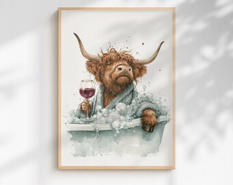 Highland Cow Spa Print: Funny Wine Bath Animal Wall Art (Framed/Unframed)