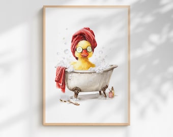 Quirky Yellow Duck Spa Print – Funny Bathroom Wall Art - Ruby Red Edition (Framed/Unframed)