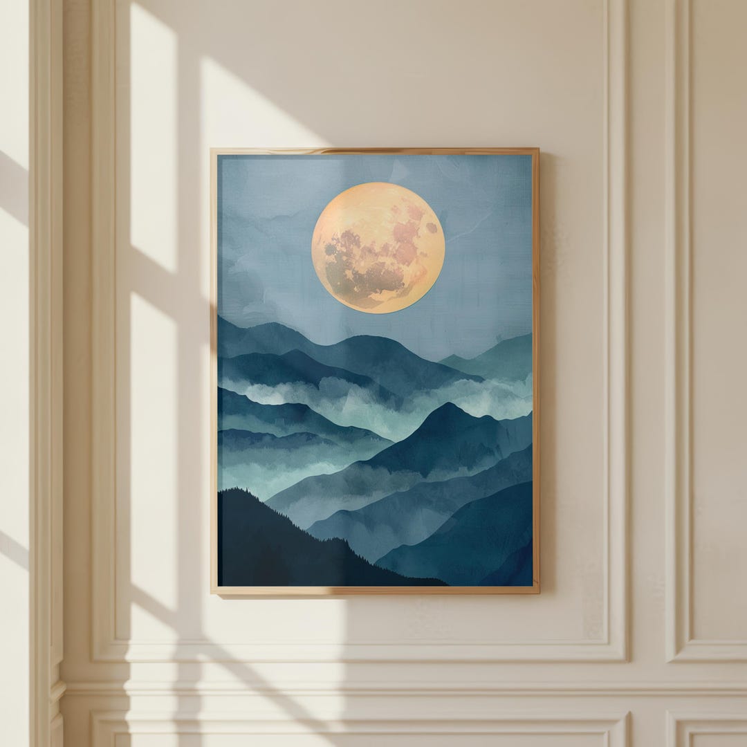 Mountainous Landscape Wall Art - Moon & Valley Poster - Night-time ...