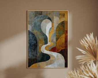 Abstract Premium Art Print, Arch Curve Poster, Teal Gold Earth Tones, Luxury Wall Art