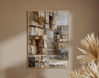 Stairway to Nowhere: Abstract Premium Stone Architecture Print, Neutral Textured Effect Wall Art, Beige Grey