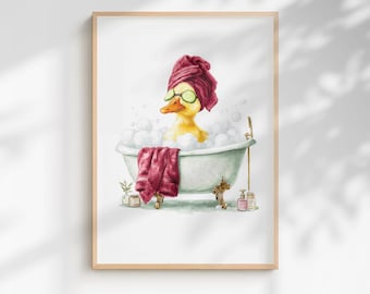 Quirky Yellow Duck Spa Print – Funny Bathroom Wall Art - Ruby Red Edition (Framed/Unframed)