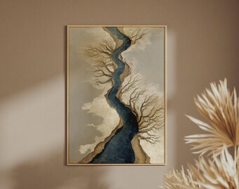 Abstract Premium River Art Print, Teal Blue Gold Bare Tree Poster, Luxury Wall Art