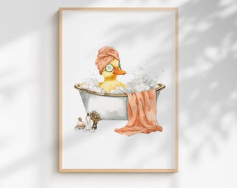 Quirky Yellow Duck Spa Print – Funny Bathroom Wall Art - Orange Edition (Framed/Unframed)