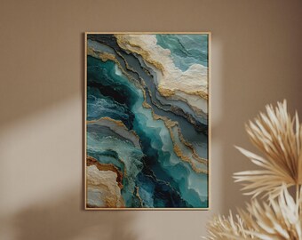Abstract Premium Teal Gold Marble Effect Art Print, Luxury Stone Wave Poster, Blue Grey