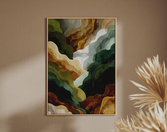 Abstract Premium Wave Art Print, Earth Tone Poster, Green Gold Layered Wall Art