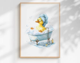 Quirky Yellow Duck Spa Print – Funny Bathroom Wall Art - Light Blue Edition (Framed/Unframed)
