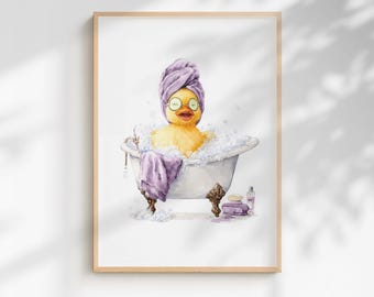 Quirky Yellow Duck Spa Print – Funny Bathroom Wall Art - Lavender Edition (Framed/Unframed)