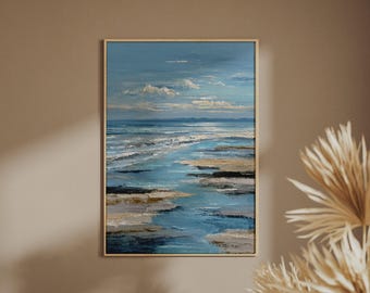 Abstract Premium Coastal Seascape Print, Blue Ocean Wall Art, Impasto Beach Poster