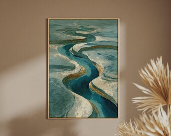Abstract Premium River Art Print, Teal Gold Aerial Landscape, Luxury Poster