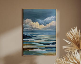 Abstract Premium Coastal Landscape Print, Teal Blue Sky Cloud Art, Mountain Sea
