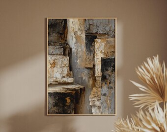Abstract Premium Wall Art Print, Grey Gold Beige, Luxury Geometric Poster