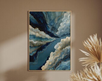 Abstract Premium Blue Marble Gold Art Print, Navy Cream Luxury Poster, Fluid Wall Art