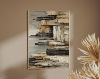 Abstract Premium Stone Cliff Art Print, Grey Gold Textured Style Wall Poster, Earthy Tones