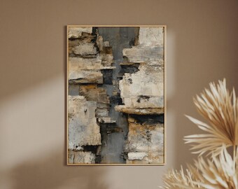 Abstract Premium Textural Stone Art Print, Grey Beige Gold, Luxury Poster